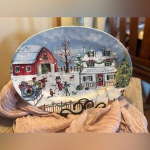 Pier 1 Christmas Serving Platter Winter Farm Holiday Tray 14”